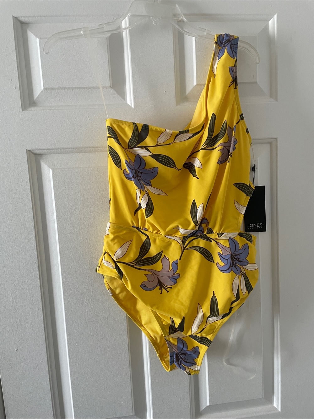 Jones New York Yellow One-Shoulder Floral Swimsuit with Purple Accents